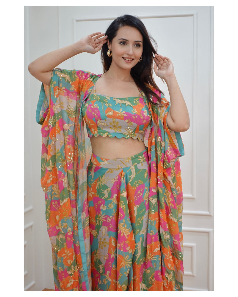 Tropical Printed Draped Skirt with Cape & Blouse