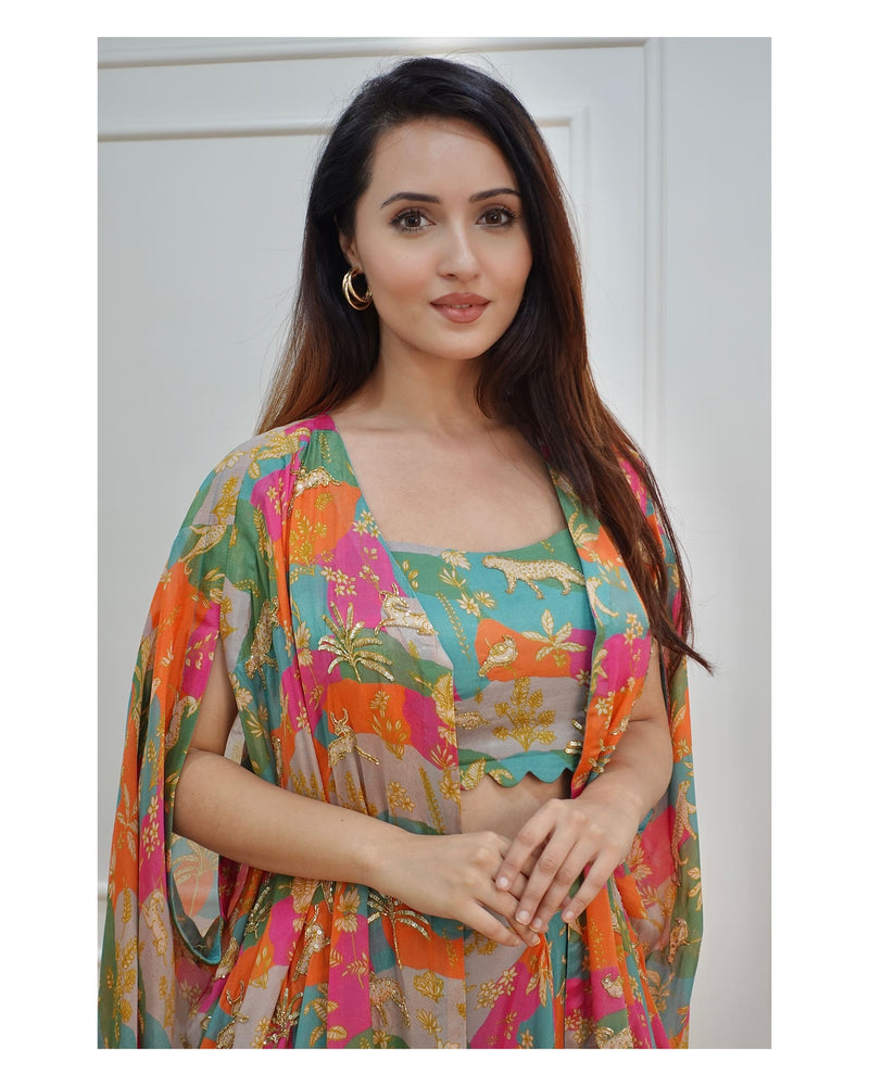Tropical Printed Draped Skirt with Cape & Blouse