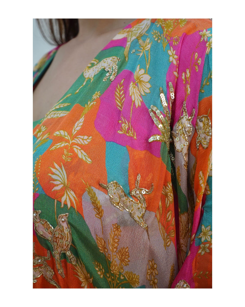 Tropical Printed Draped Skirt with Cape & Blouse