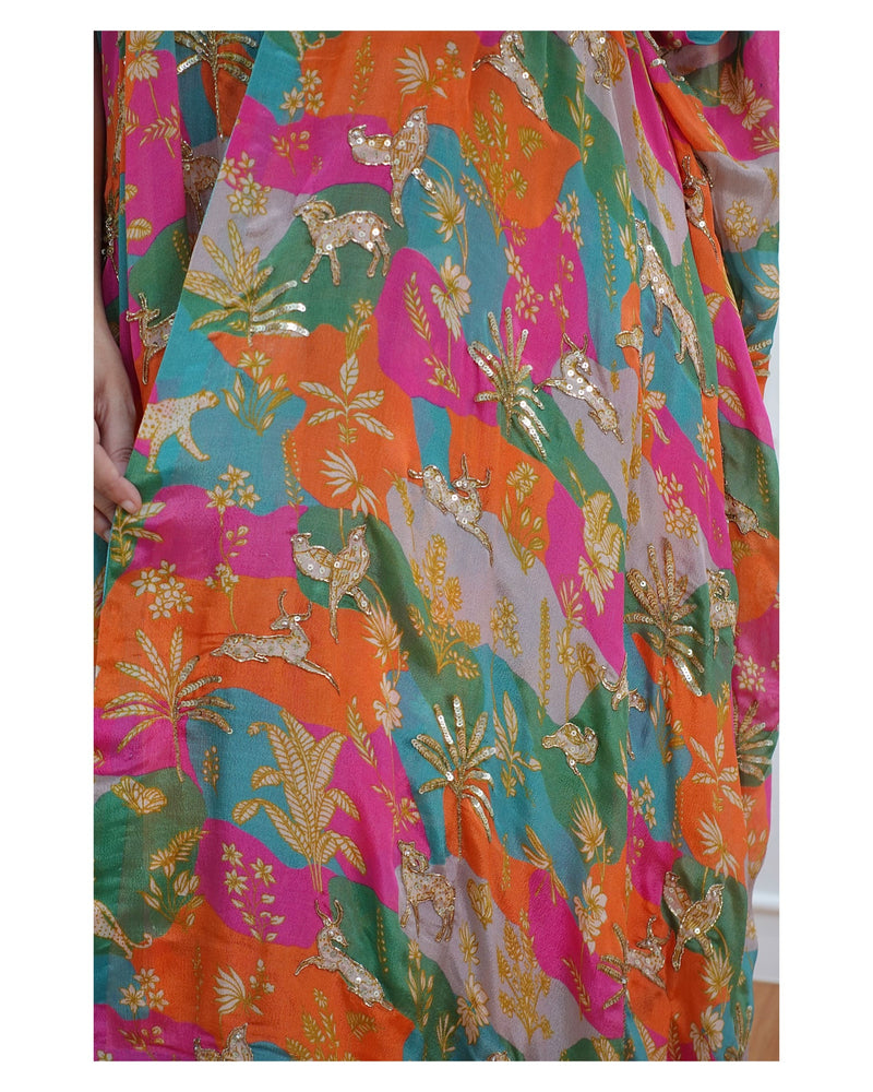 Tropical Printed Draped Skirt with Cape & Blouse