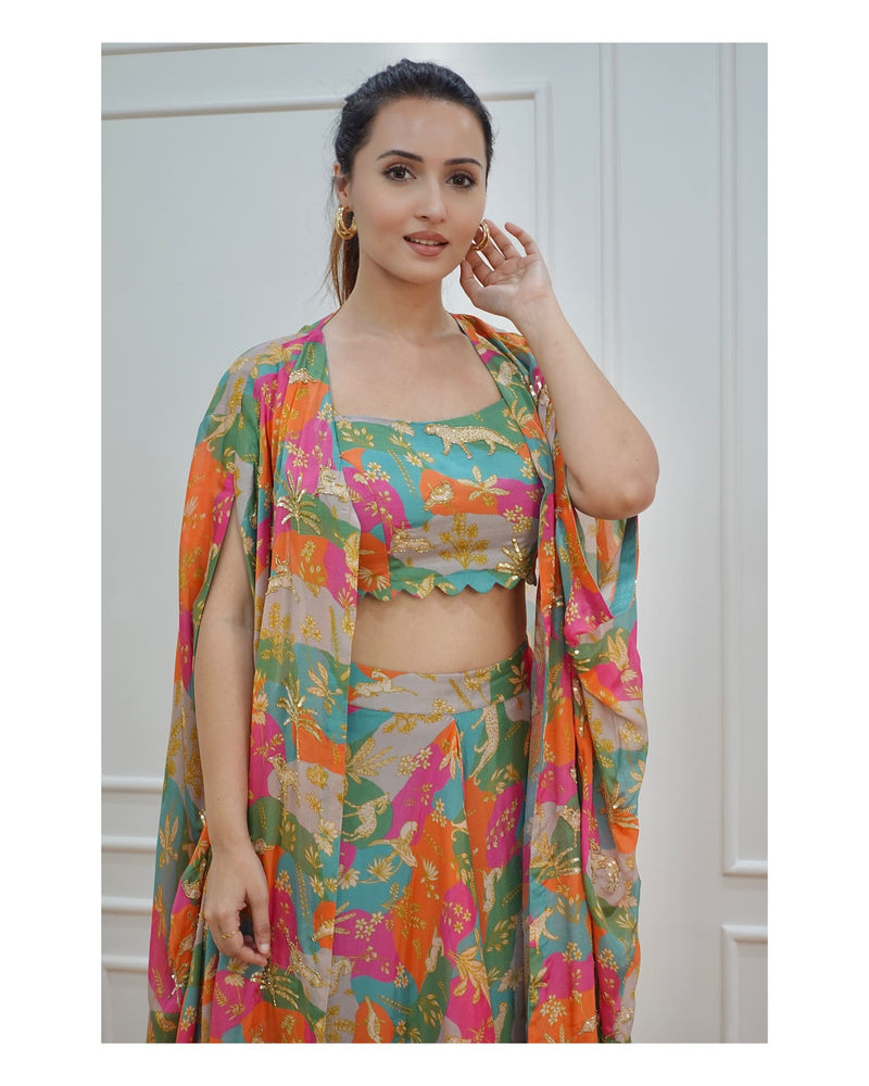 Tropical Printed Draped Skirt with Cape & Blouse
