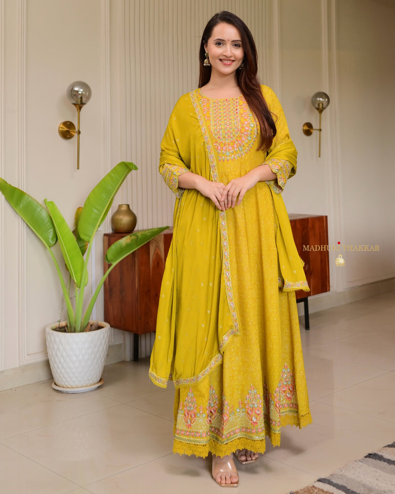 Yellow Threadwork Festive Anarkali Suit