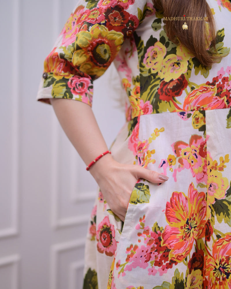 Ivory Floral Cotton A Line Dress