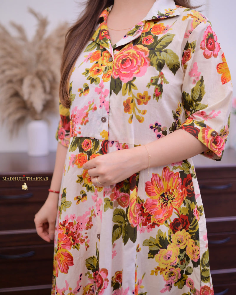 Ivory Floral Cotton A Line Dress