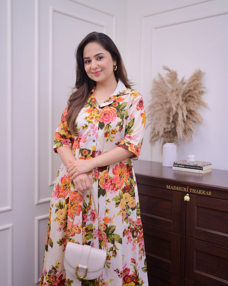 Ivory Floral Cotton A Line Dress
