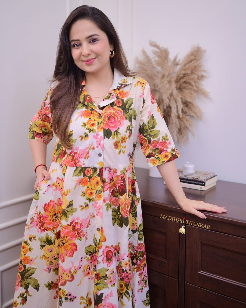 Ivory Floral Cotton A Line Dress