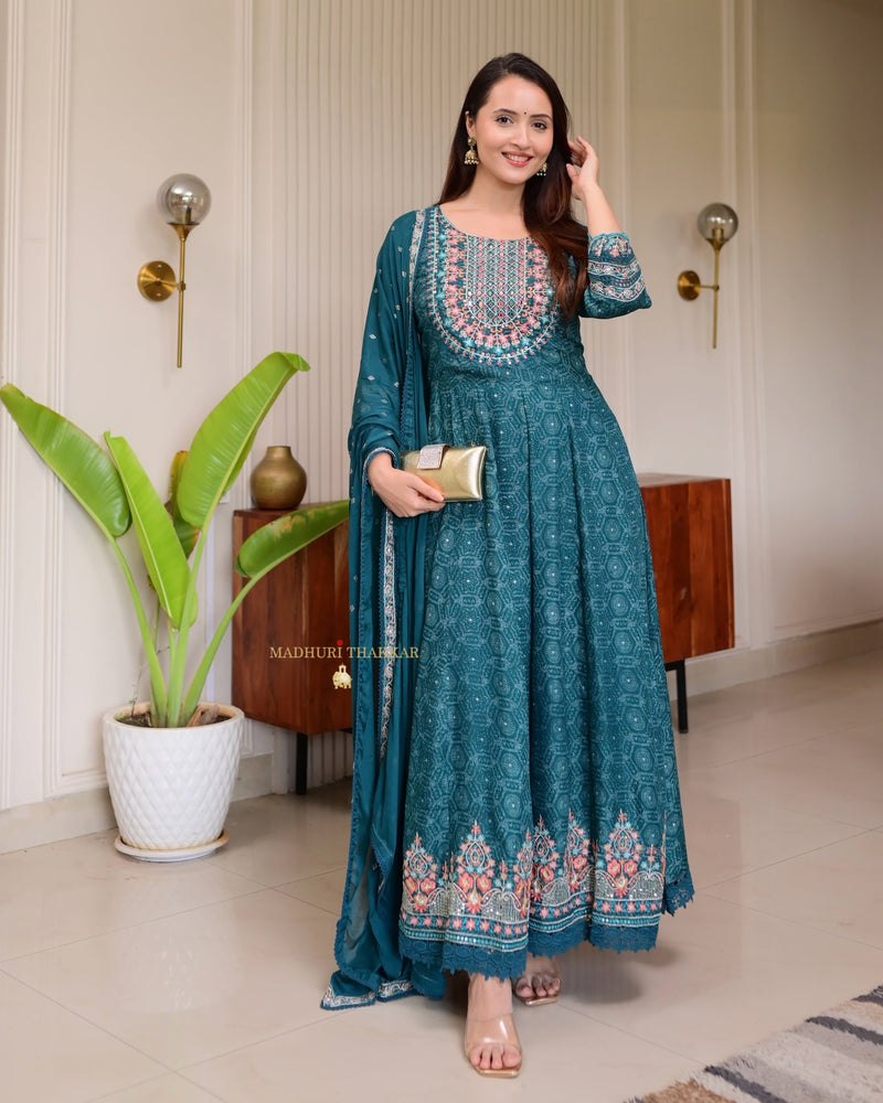 Teal Blue Threadwork Festive Anarkali Suit