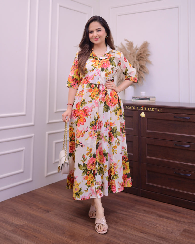 Ivory Floral Cotton A Line Dress