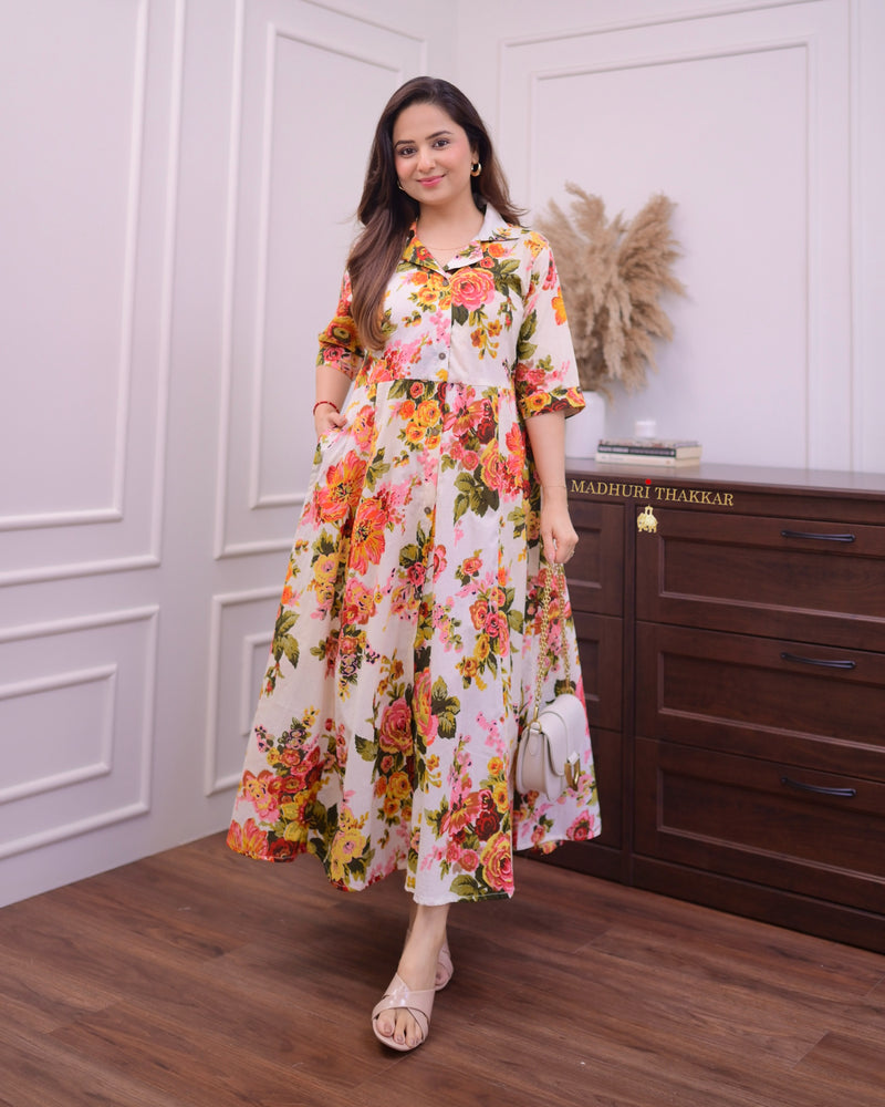 Ivory Floral Cotton A Line Dress
