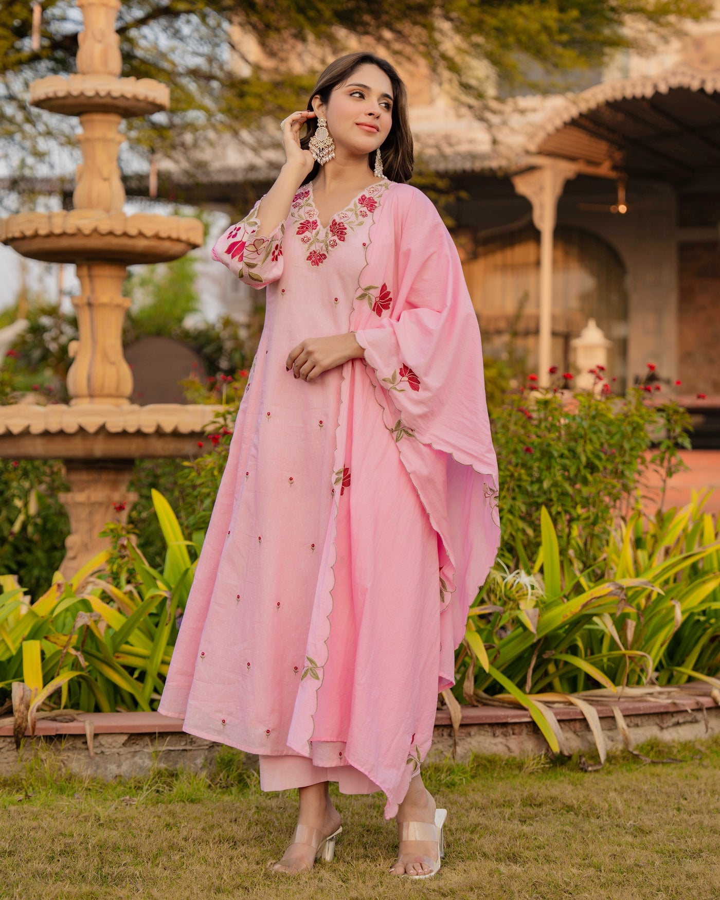 Blush Pink Blooming Threadwork Cotton Suit