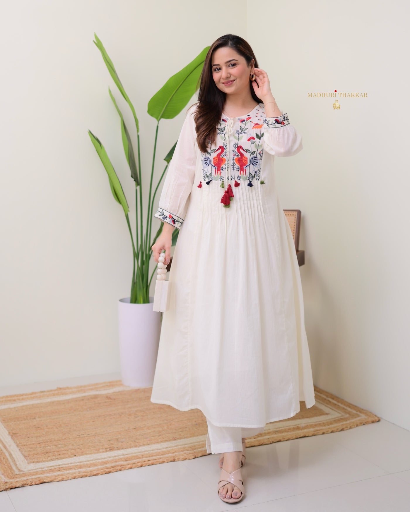 White Threadwork Mul Cotton A Line Kurta Set