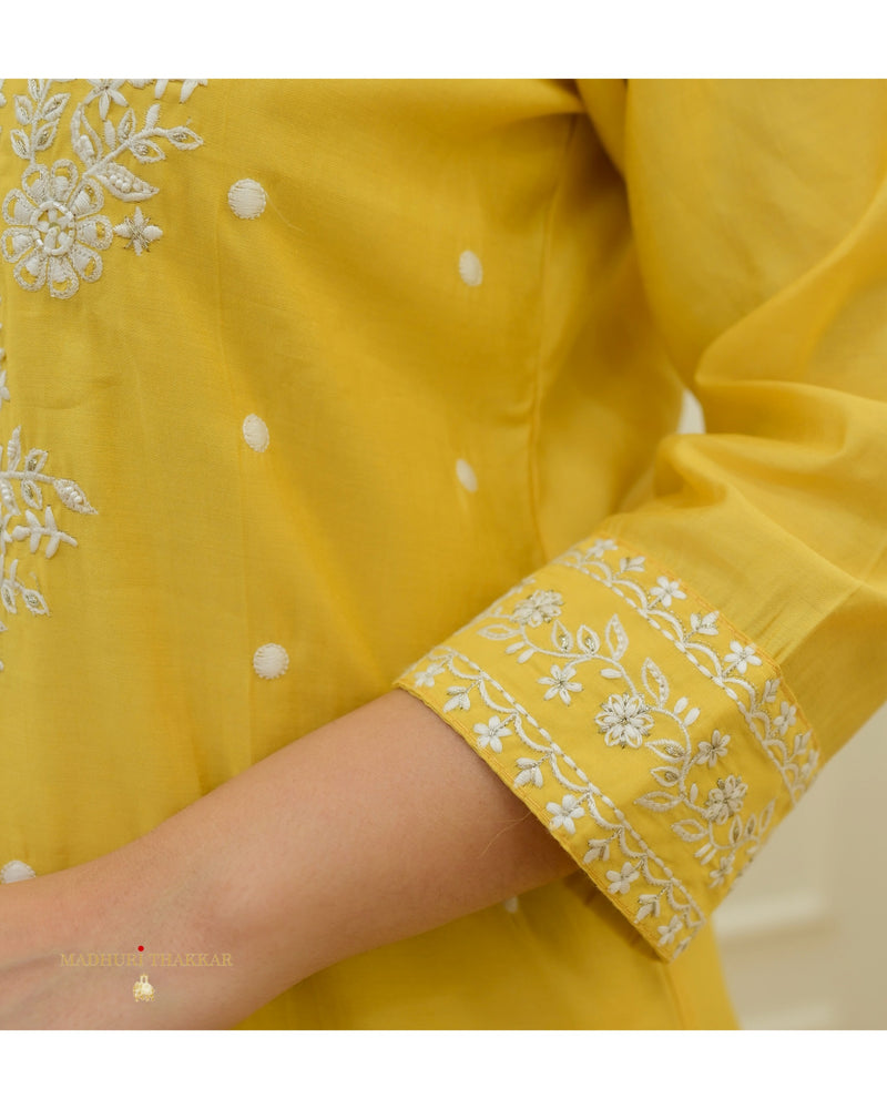 Yellow Threadwork Cotton Silk Suit