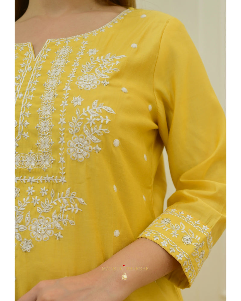 Yellow Threadwork Cotton Silk Suit