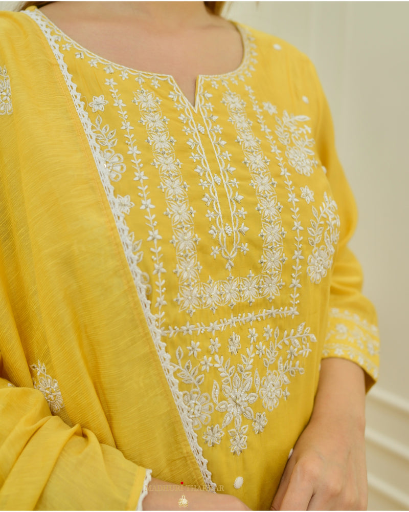 Yellow Threadwork Cotton Silk Suit