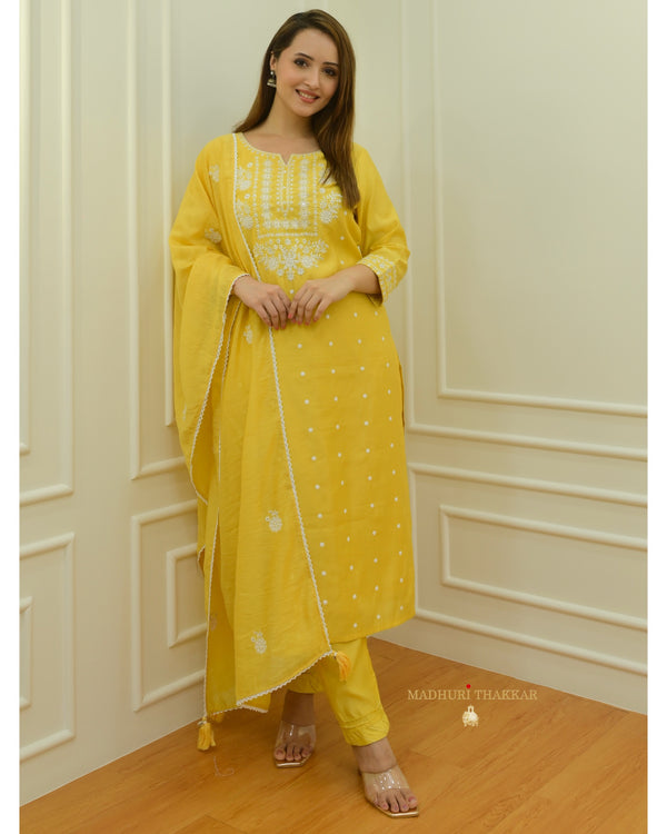 Yellow Threadwork Cotton Silk Suit