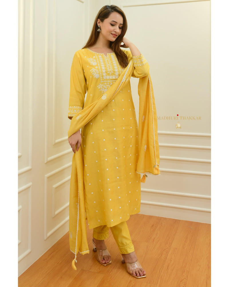 Yellow Threadwork Cotton Silk Suit