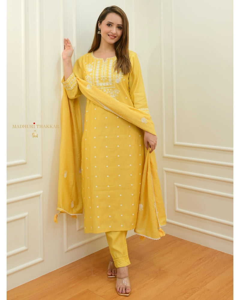 Yellow Threadwork Cotton Silk Suit