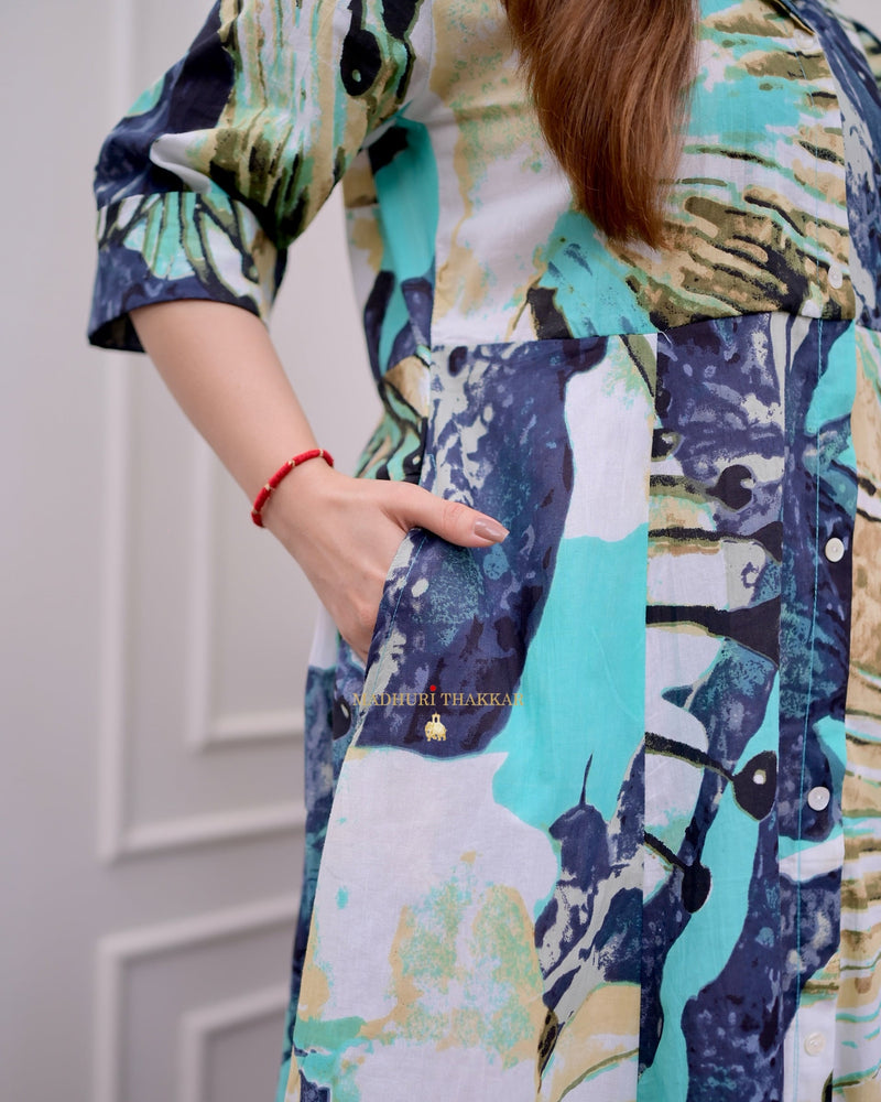 Turquoise Navy Blue Abstract Cotton A Line Dress
