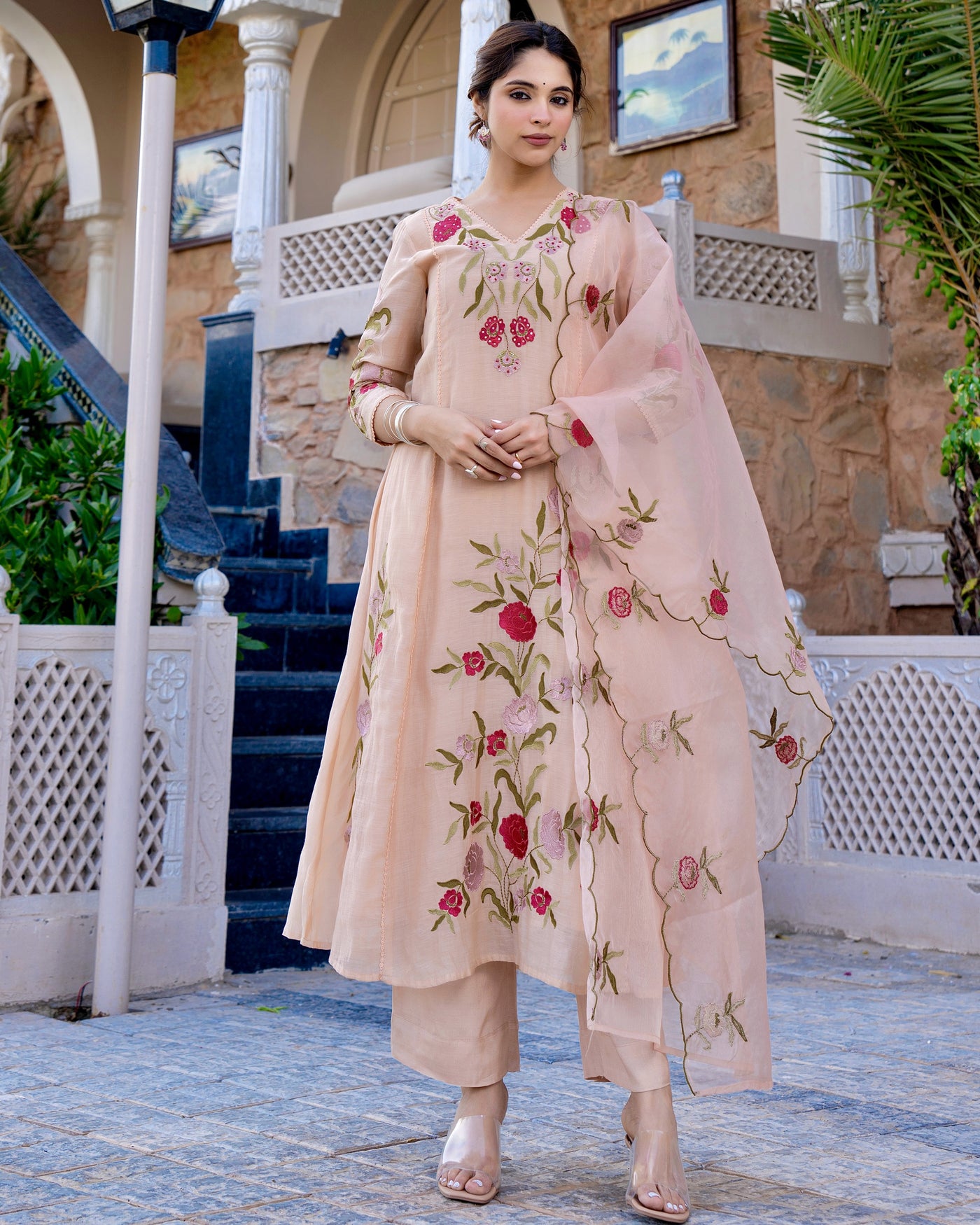 Rose Pink Mul Chanderi Threadwork Premium A Line Suit