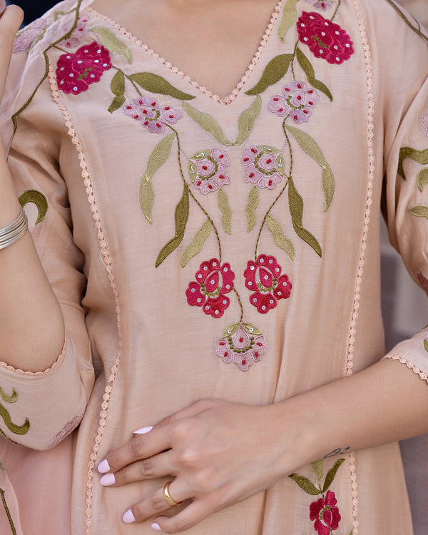 Rose Pink Mul Chanderi Threadwork Premium A Line Suit