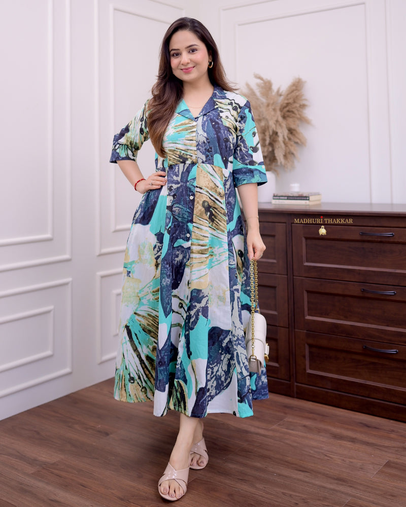 Turquoise Navy Blue Abstract Cotton A Line Dress