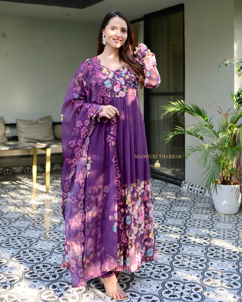 Purple Floral Handwork Chiffon Anarkali Suit