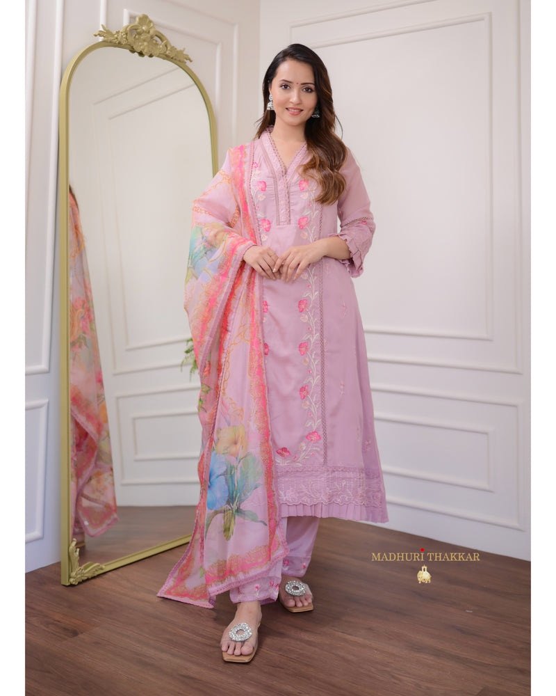 Mauve A Line Organza Pakistani Suit