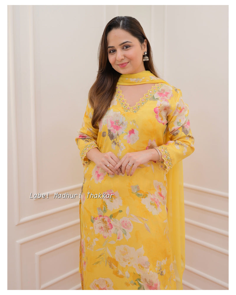 Lemon Yellow Floral Muslin Afghani Suit
