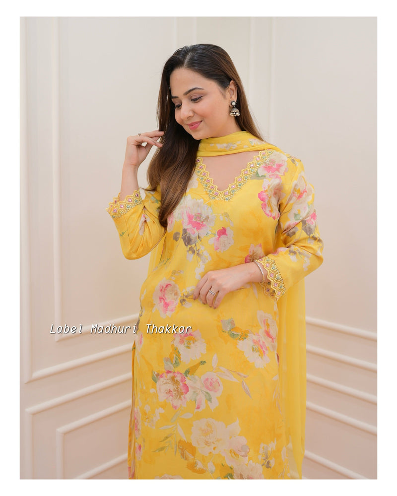 Lemon Yellow Floral Muslin Afghani Suit