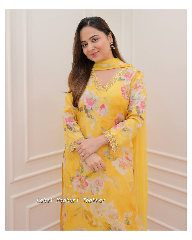 Lemon Yellow Floral Muslin Afghani Suit