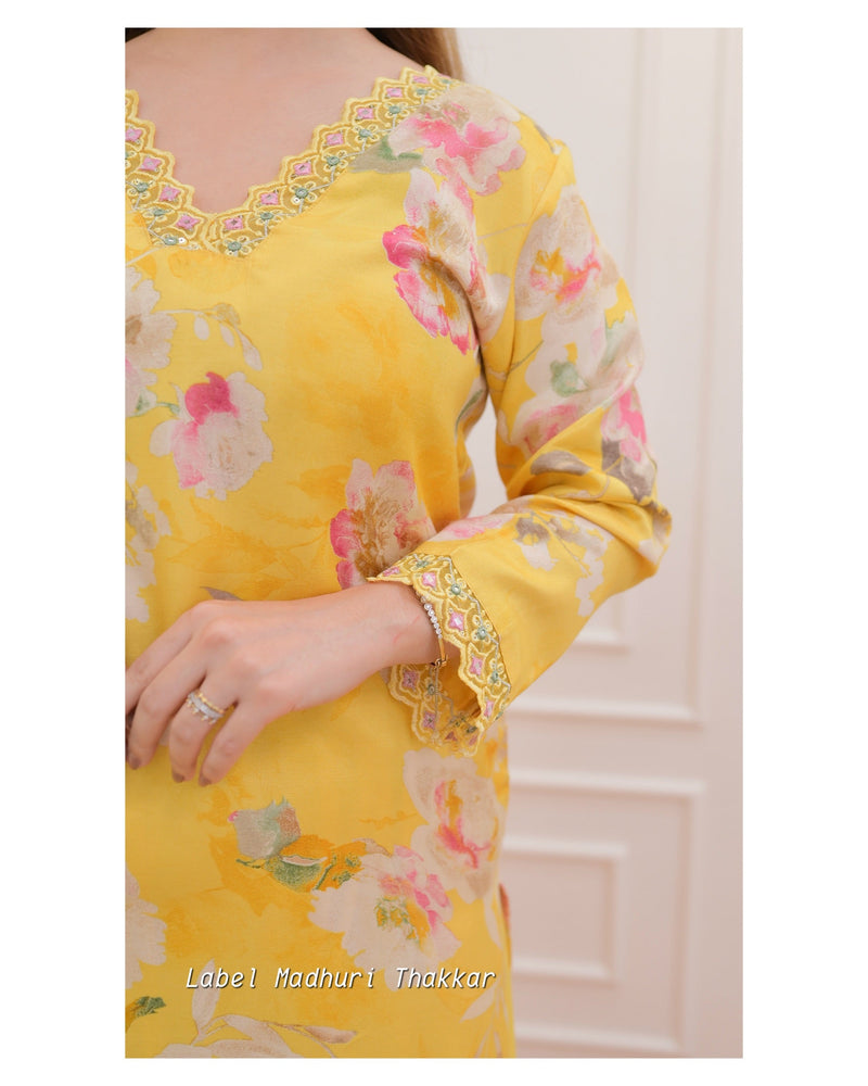 Lemon Yellow Floral Muslin Afghani Suit