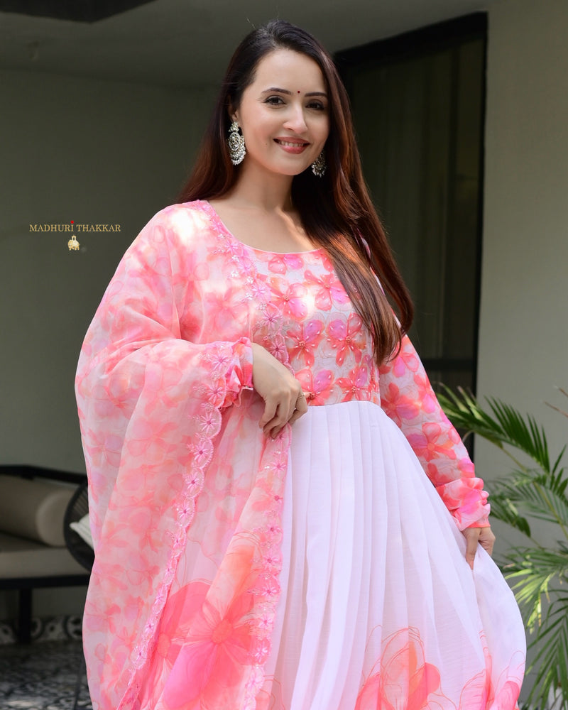 Peach Floral Handwork Chiffon Anarkali Suit