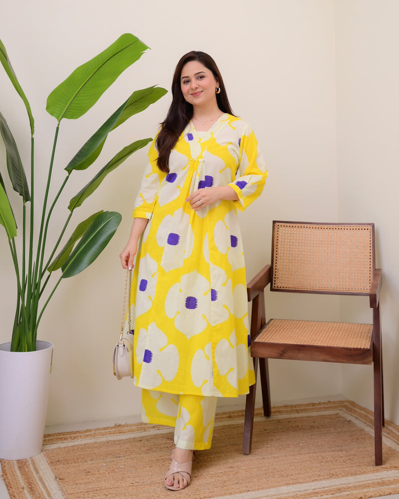Yellow Purple Cotton A Line Kurta Palazzo Set