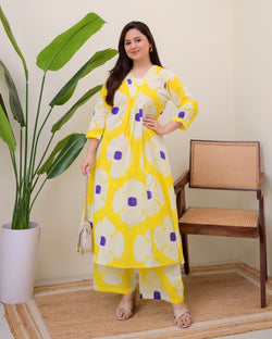 Yellow Purple Cotton A Line Kurta Palazzo Set