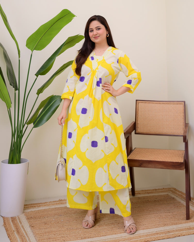 Yellow Purple Cotton A Line Kurta Palazzo Set