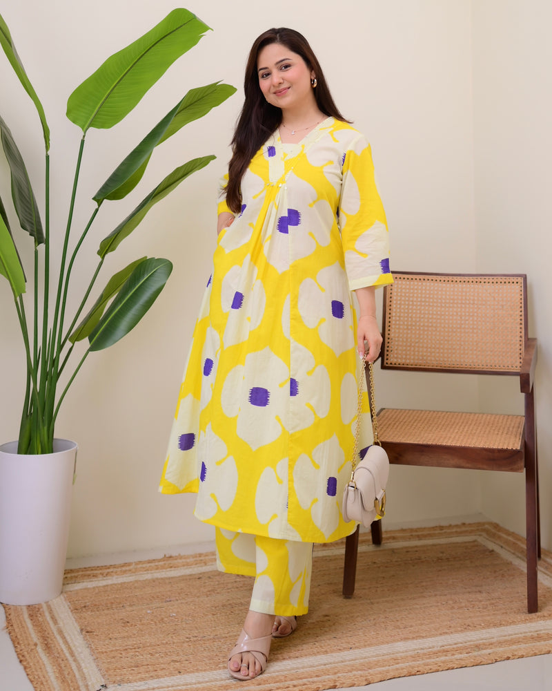Yellow Purple Cotton A Line Kurta Palazzo Set