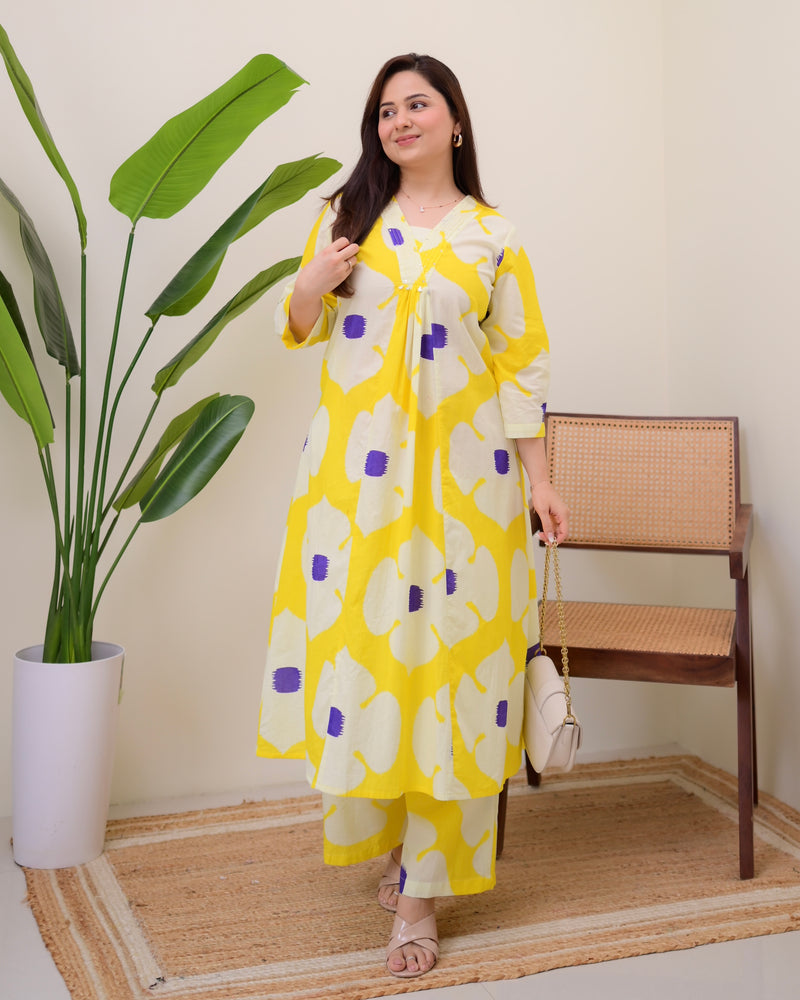 Yellow Purple Cotton A Line Kurta Palazzo Set