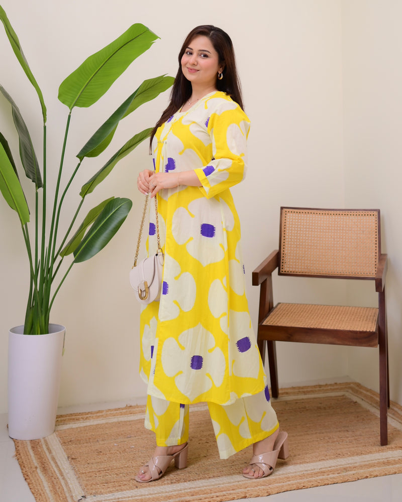Yellow Purple Cotton A Line Kurta Palazzo Set