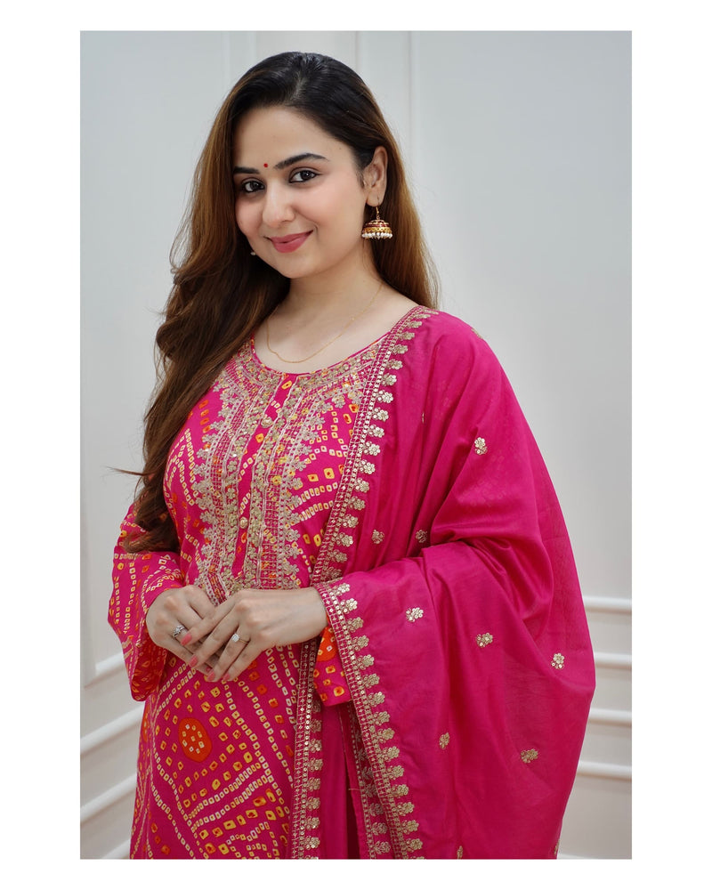 Pink Bandhani Muslin Suit