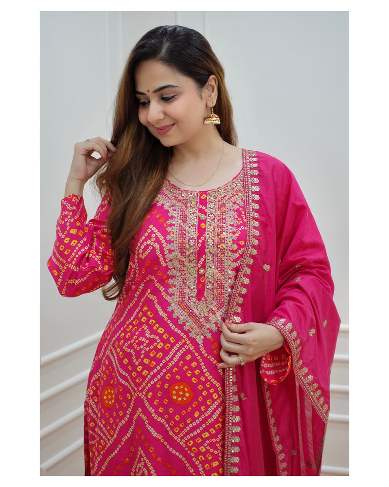 Pink Bandhani Muslin Suit
