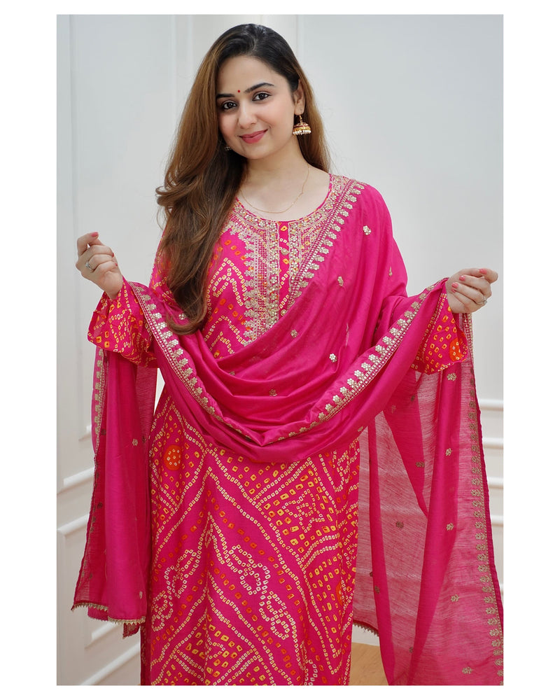Pink Bandhani Muslin Suit