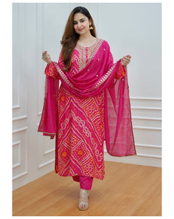 Pink Bandhani Muslin Suit