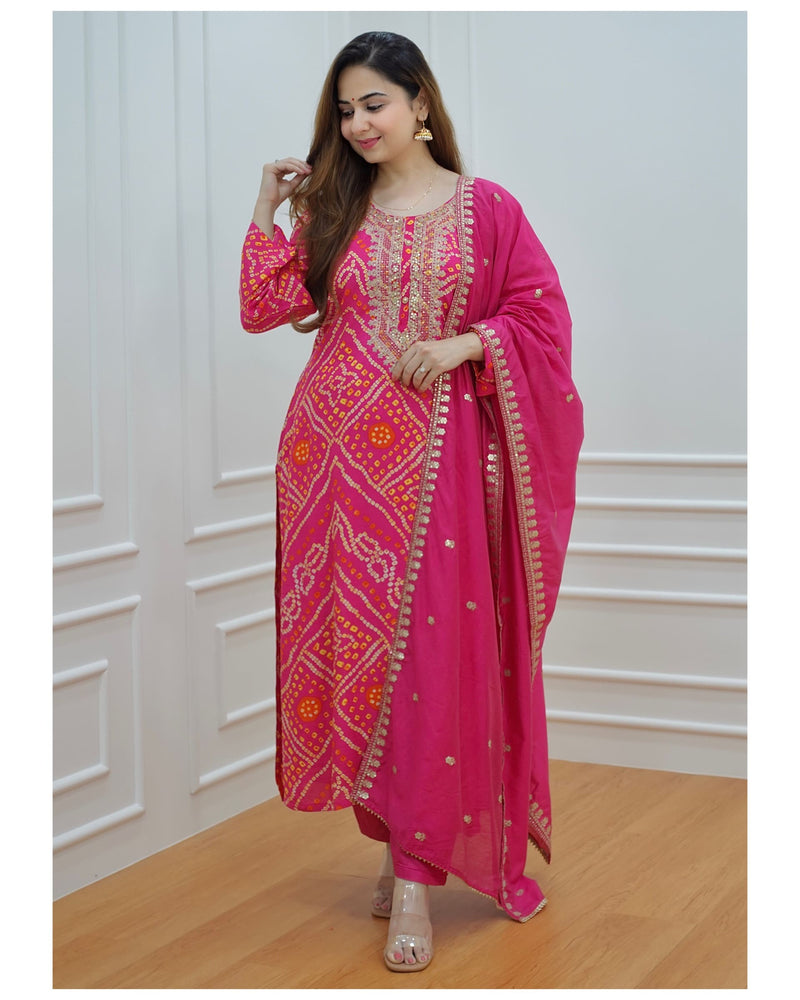 Pink Bandhani Muslin Suit