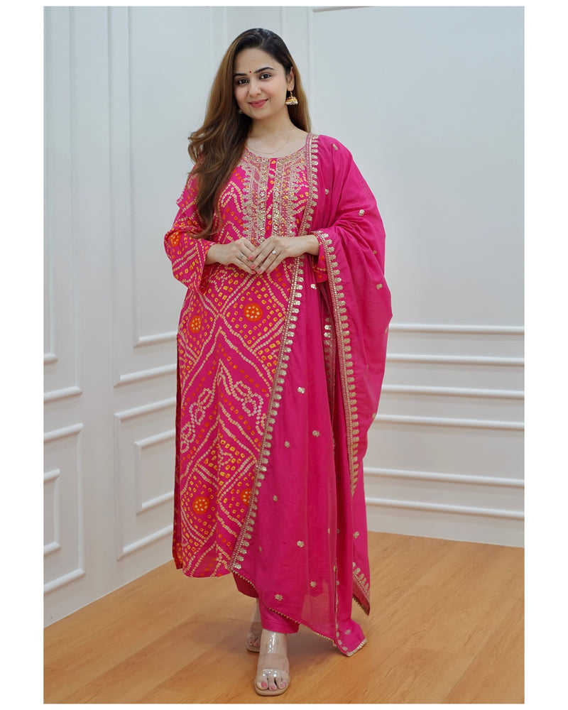 Pink Bandhani Muslin Suit