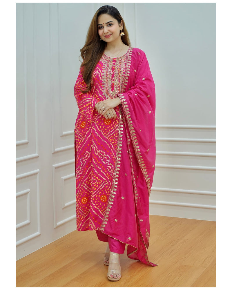 Pink Bandhani Muslin Suit