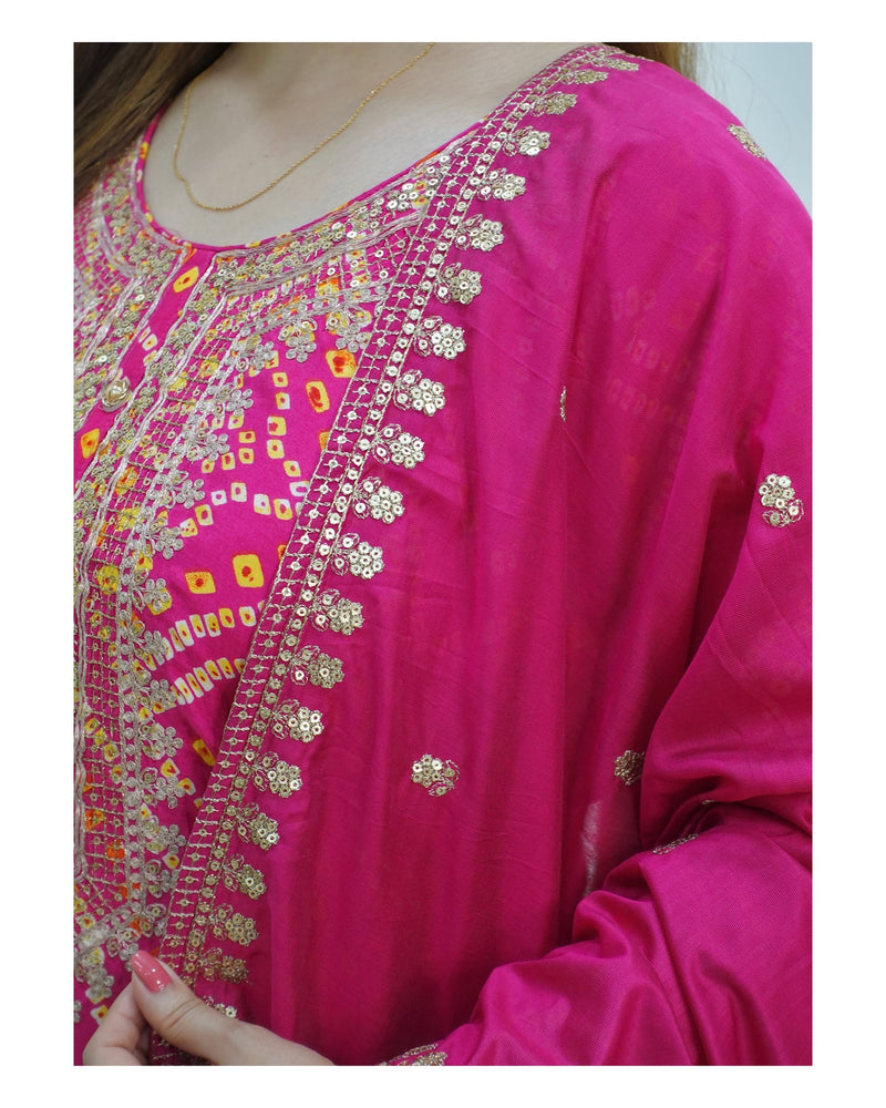 Pink Bandhani Muslin Suit