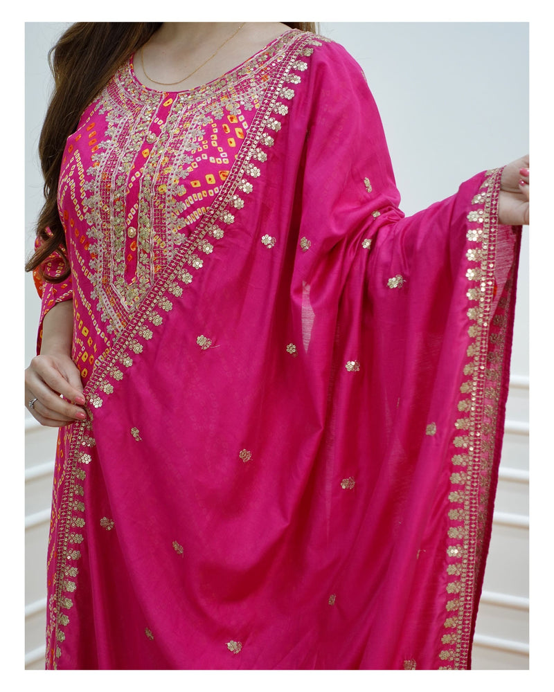 Pink Bandhani Muslin Suit