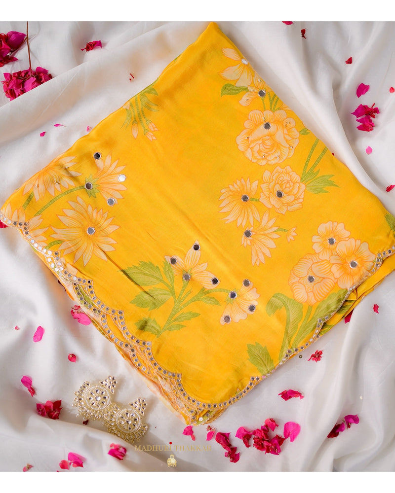 Yellow Floral Crepe Saree With Scallop Mirror Work