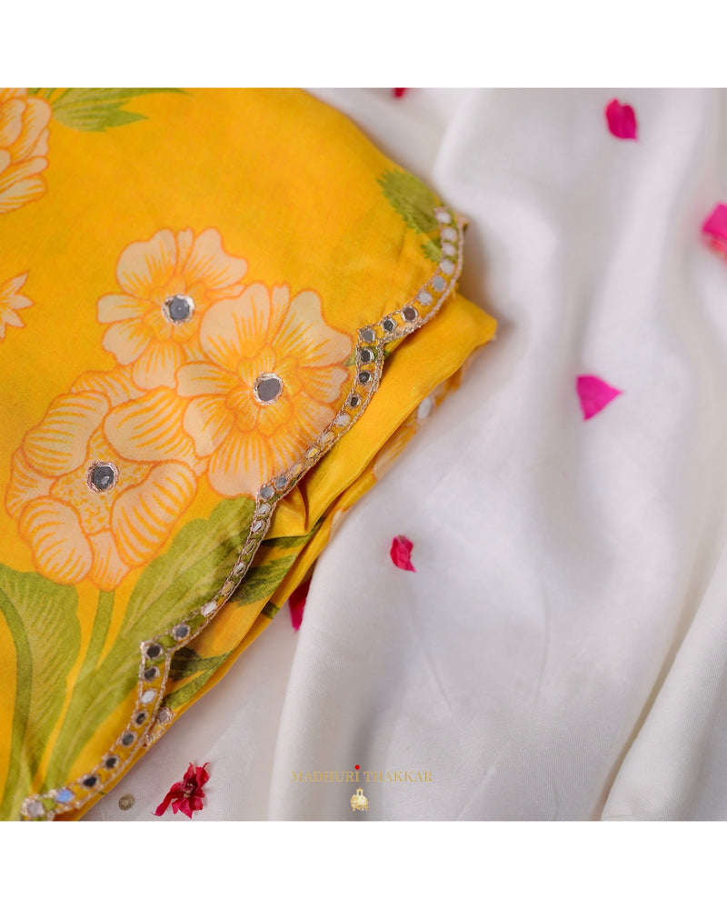 Yellow Floral Crepe Saree With Scallop Mirror Work
