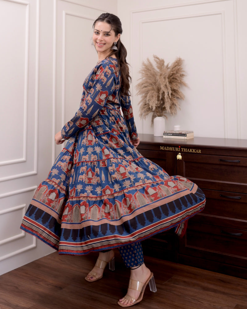 Navy Blue - Maroon Cotton Flared Anarkali Suit